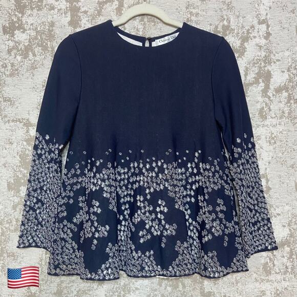 Christian Dior Marine Cutout Swing 3/4 Sleeve Top in Navy - Picture 1 of 6